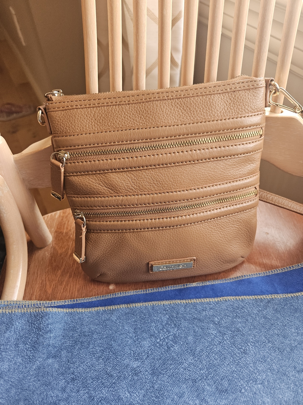 Calvin Klein Tan Leather Zip-Front Crossbody Bag